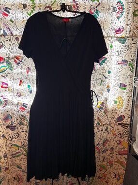 Ruby Rox faux wrap dress with pleated skirt.